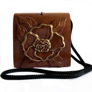 Timmy Woods Beverly Hills Acacia Carved Wood Purse, Floral, Camellia